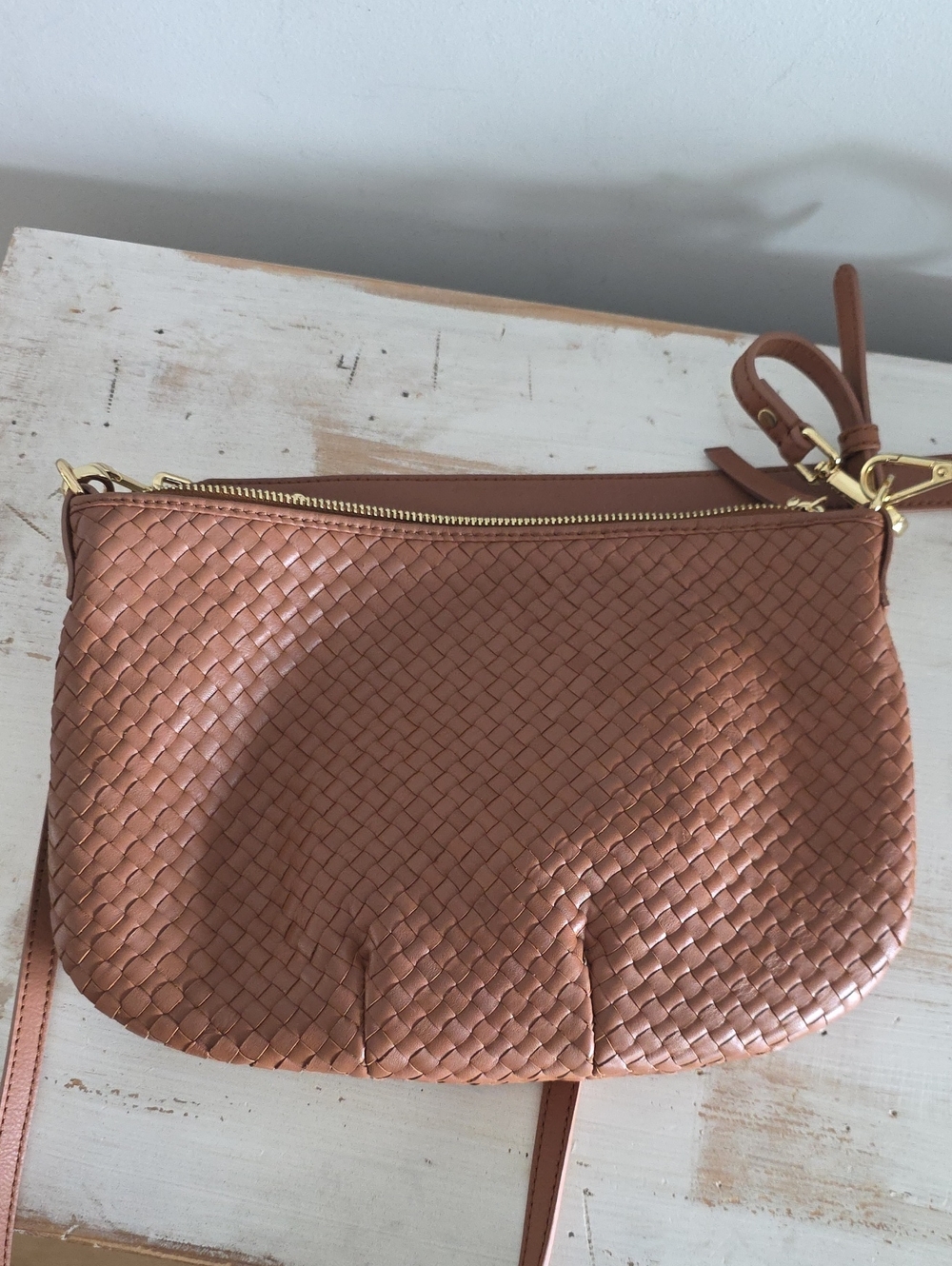 Quince Italian Handwoven Leather Mini Shoulder Bag In Cognac - Picture 5 of 16